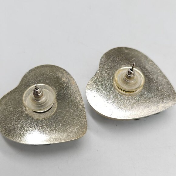 Vintage 1980s Heart Shaped Gold-Tone Post Back Earrings With Silver Sequin - Picture 4 of 5
